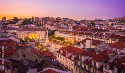 Panoramic view at sunset of Dom Pedro IV Square in Lisbon, Portugal