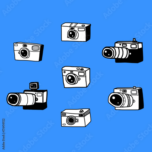Set of seven hand drawn vector photo cameras 