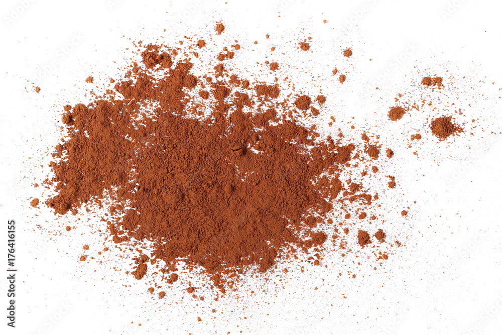 pile cocoa powder isolated on white background, top view pile cocoa powder isolated on white background, top view