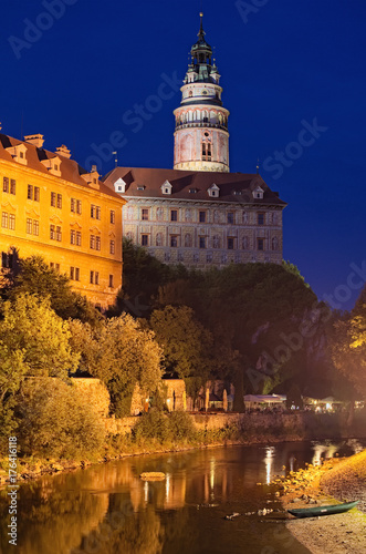 Evening view of Cesky Krumlov Castle, Castle Tower and Vltava River. Czech Republic