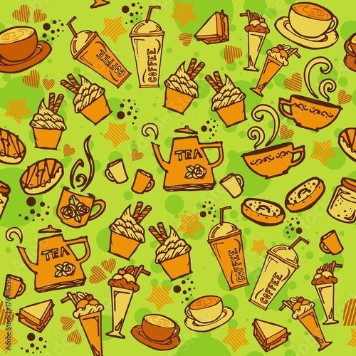 various coffee,cake,cupcake,Sandwich,cookie , appetizer and beverage seamless pattern sketch drawing line orange green Themes with white background