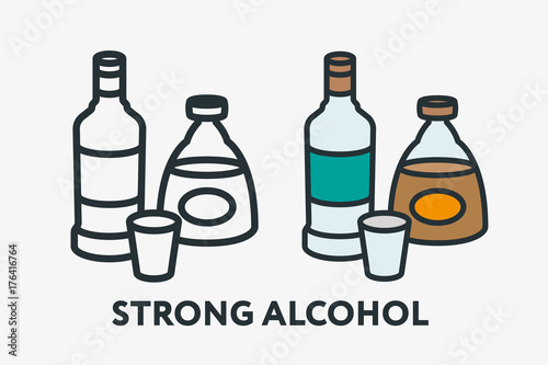 Strong Alcohol Concept. Vodka and Whiskey Cognac Bottle Minimal Flat Line Outline Colorful and Stroke Icon Pictogram