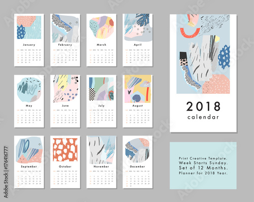 Calendar 2018. Printable creative template. Abstract modern art.