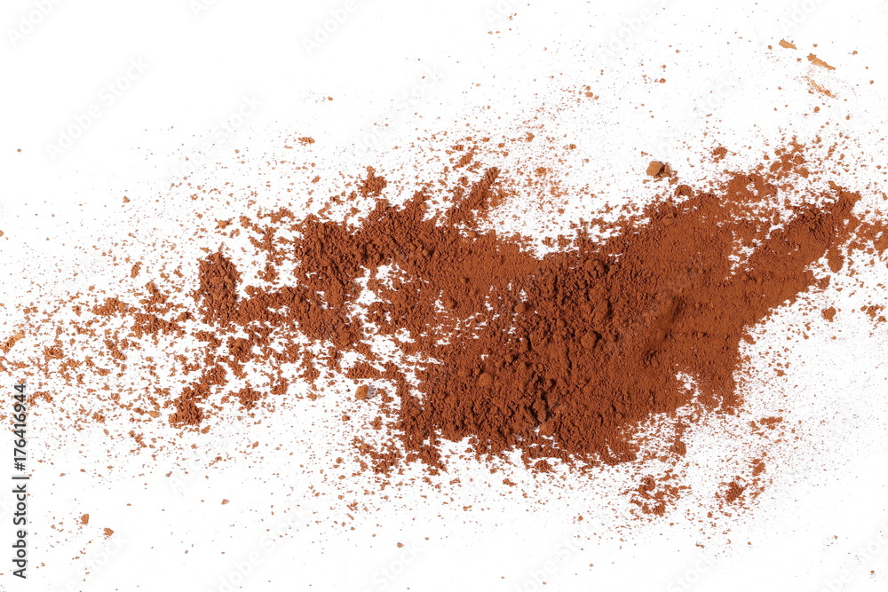 pile cocoa powder isolated on white background, top view pile cocoa powder isolated on white background, top view