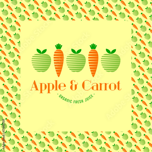 Apple and Carrot  juice logo. Juice label. Pattern background