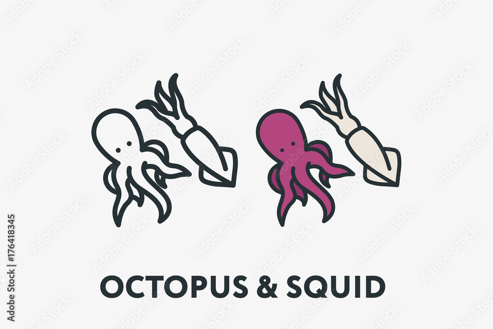Seafood Concept Octopus and Squid Minimal Flat Line Outline Colorful and Stroke Icon Pictogram Seafood Concept Octopus and Squid Minimal Flat Line Outline Colorful and Stroke Icon Pictogram