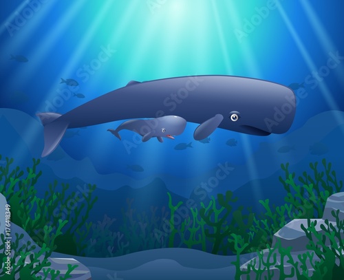 Cartoon sperm whale swimming in the sea. Vector illustration