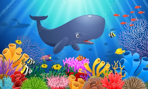 Cartoon sperm whale swimming in the sea. Vector illustration