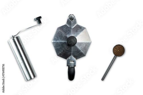 Look up view, Flat lay style, coffee epresso machine equipment. isolated on whitel background with Clipping path. photo