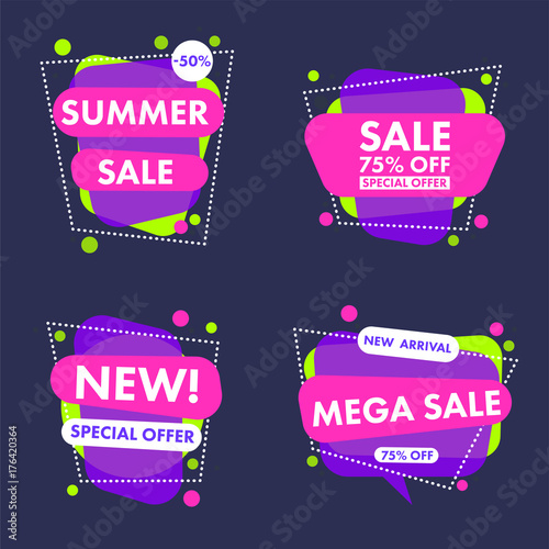 Set of trendy flat geometric vector banners. Modern colors and shapes. Advertising design.