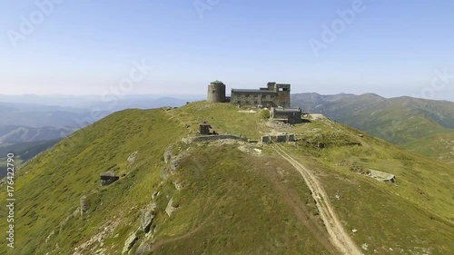 Aerial Drone Footage View: old abandoned observatory on mountains Pip Ivan. Carpathian, Ukraine, Europe. Majestic landscape. Beauty. photo