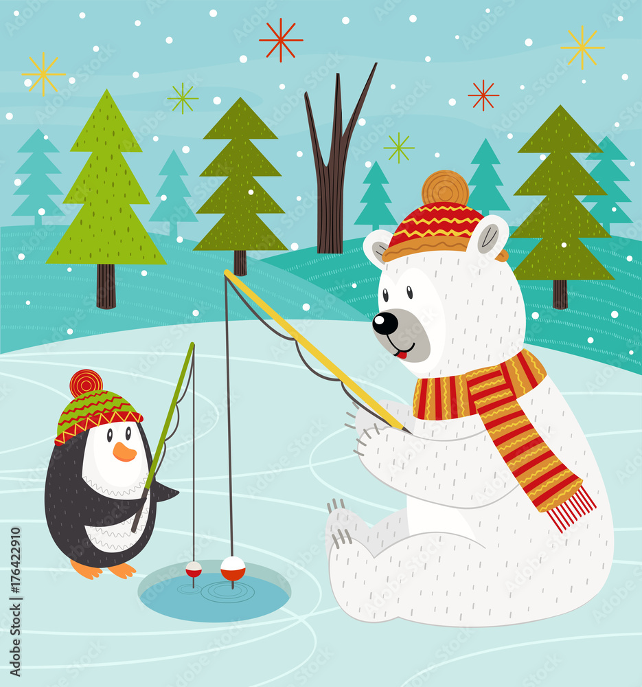 Obraz premium Polar bear and penguin on fishing - vector illustration, eps 