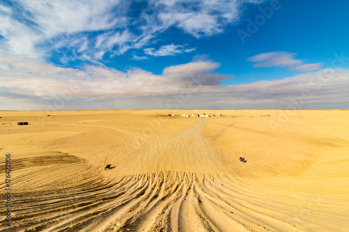 View from top of dune toward Star Wars Mos Espa movie set