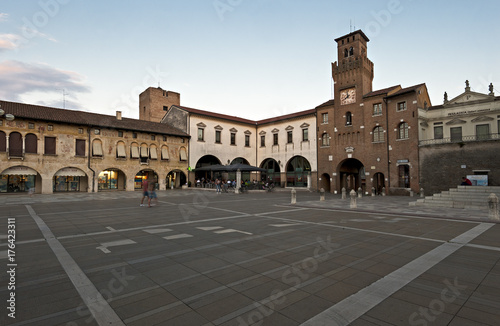 The clock tower or "Torresin" in Piazza Grande in Oderzo. Ancient city of Roman origin in the province of Treviso, Italy.