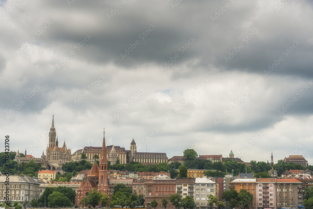 Panoramic view of Budapest. Church of St. Matthias, Fisherman's Bastion. Hungary