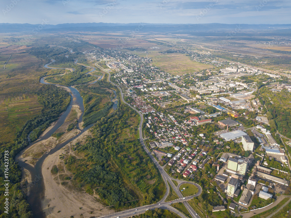 Ukraine, Stryi, Beautiful views of the river and the bridge, photo from quadcopter, dron