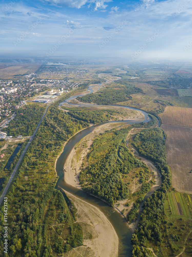 Ukraine, Stryi, Beautiful views of the river and the bridge, photo from quadcopter, dron Ukraine, Stryi, Beautiful views of the river and the bridge, photo from quadcopter, dron