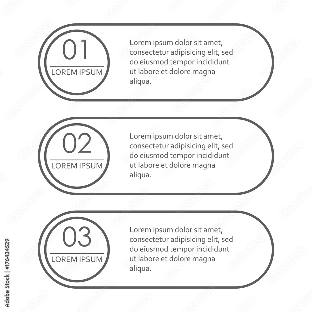 Infographics concept with 3 steps, options or levels . Outline chart, scheme, diagram or menu template. Strategy and workflow design elements. Vector illustration.