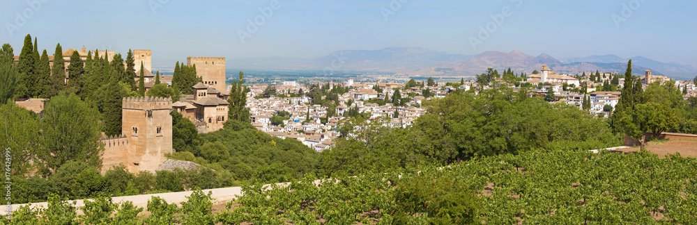 Granada - The panorama of Alhambra and the town from Generalife gardens.