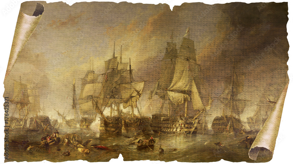 Fototapeta premium Bitwa pod Trafalgarem na pożółkłym papirusie