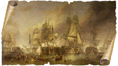 Seeschlacht von Trafalgar auf vergilbtem Papyrus photo