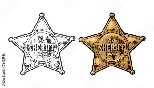 Sheriff star. Vintage black and color vector engraving photo