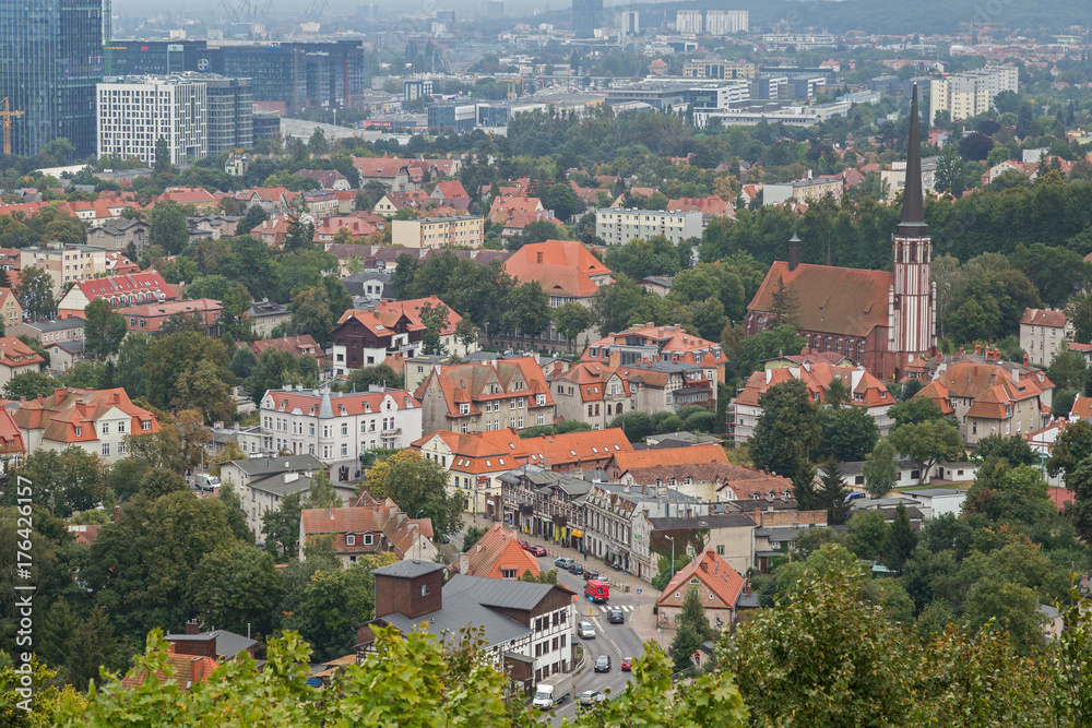 View of the Oliwa district and beyond in Gdansk, Poland, from above.