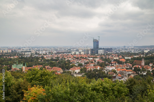 Oliwa district and beyond in Gdansk, Poland, viewed from above on a cloudy day. Copy space.