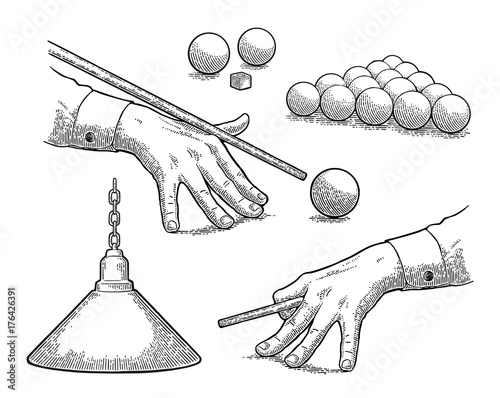 Set billiard. Balls, chalk, lamp, hand aimed cue.