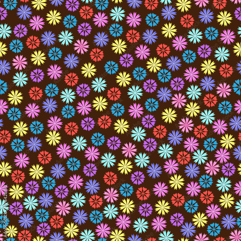 Flowery cornflower on a dark, black background. Floral seamless background for textile, book covers, manufacturing, print, fabric