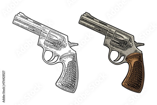 Revolver with short barrel and bullets. Vector engraving vintage illustrations.