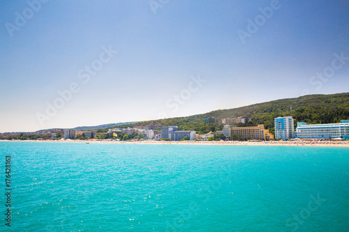 Beautiful sea coast, Sea beach, resort area in sunny weather in Bulgaria, golden sands