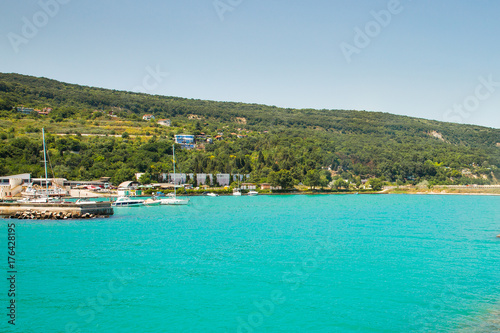 Beautiful sea coast, Sea beach, resort area in sunny weather in Bulgaria, golden sands