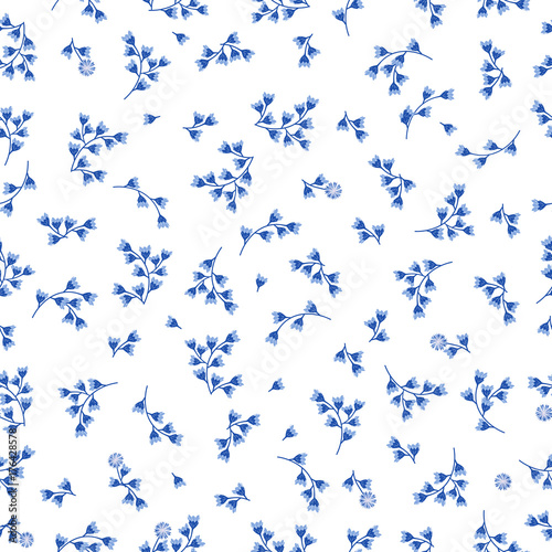 Floral seamless pattern, background for textiles, porcelain, fabric. Blue flowers of Cornflower. Delicate blue and white pattern in small buds.