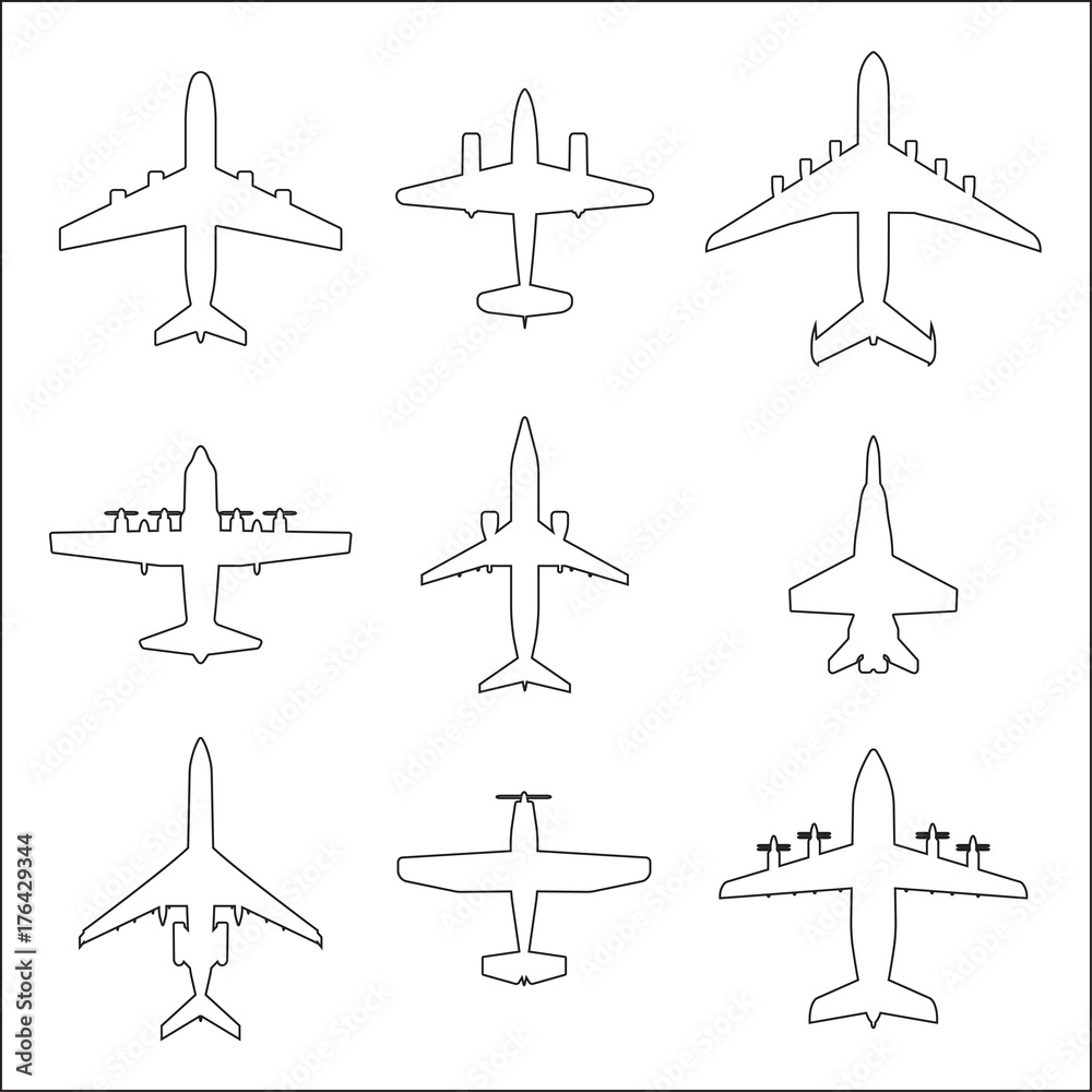 Plane outline icon set. Airplane silhouettes. Vector illustration. Plane outline icon set. Airplane silhouettes. Vector illustration.