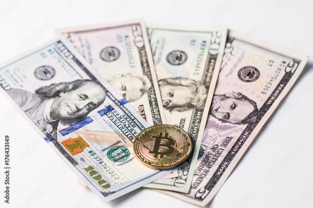 Four portraits of US presidents on dollars and gold bitcoin. White background. White background. Four portraits of US presidents on dollars and gold bitcoin. White background. White background.