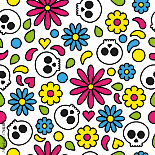 Fototapeta Naklejka Na Ścianę i Meble -  Skull seamless pattern day of the dead cute floral bright colorful