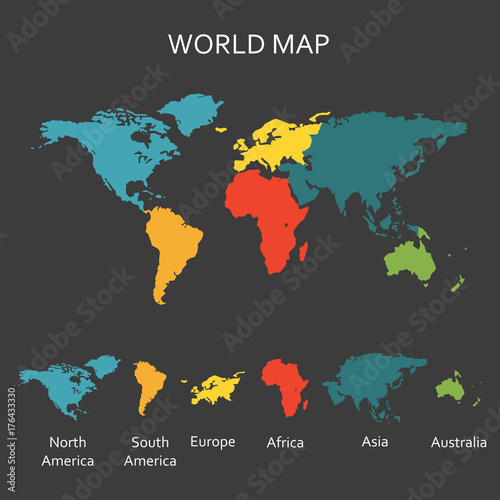 World map with continents. Map infographics template. Vector illustration.