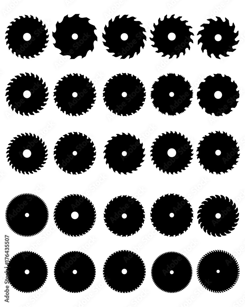 Black silhouettes of different circular saw blades, vector - obrazy, fototapety, plakaty 