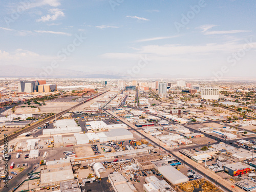 Las Vegas, Nevada, USA - March 13, 2017: Aerial view of Las Vegas strip casino resort towers in Southern Nevada.