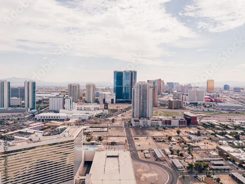 Las Vegas, Nevada, USA - March 13, 2017: Aerial view of Las Vegas strip casino resort towers in Southern Nevada.