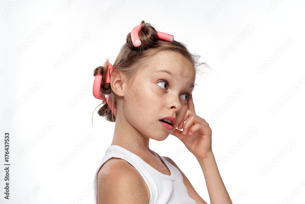 1657262 little girl with curlers on hair on white isolated background, portrait 1657262 little girl with curlers on hair on white isolated background, portrait
