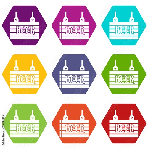 Street signboard of beer icon set color hexahedron