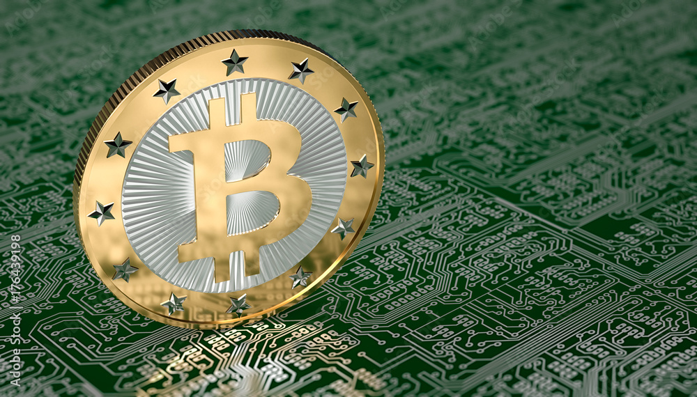 Golden Bitcoin on circuit board layout - 3D rendering