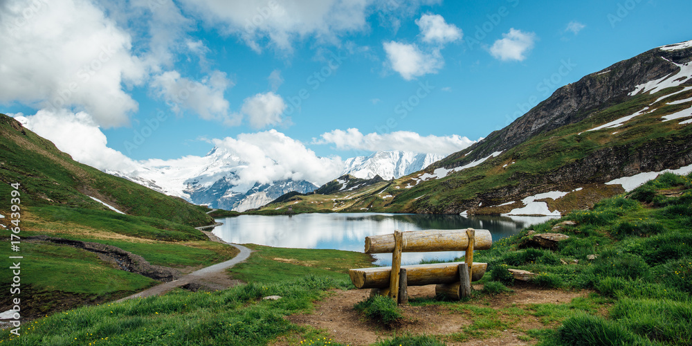 Empty parkbench at Bachalpsee Empty parkbench at Bachalpsee