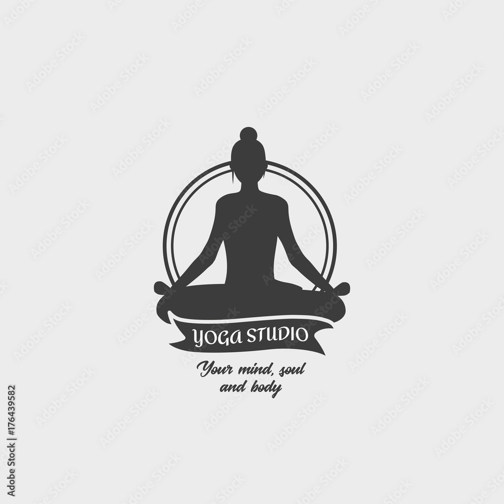 Yoga Studio Badge Template with a woman in a lotus position. Design Logo. This symbol can be used for social network and web advertising or brand promotion
