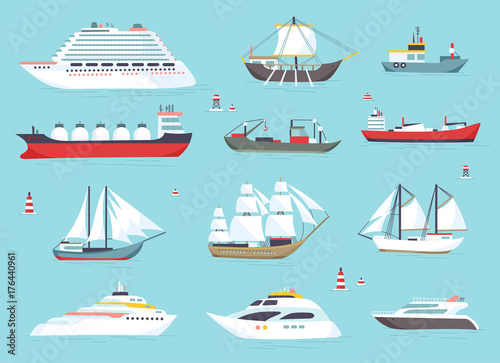 Ships at sea, shipping boats, ocean transport vector icons set