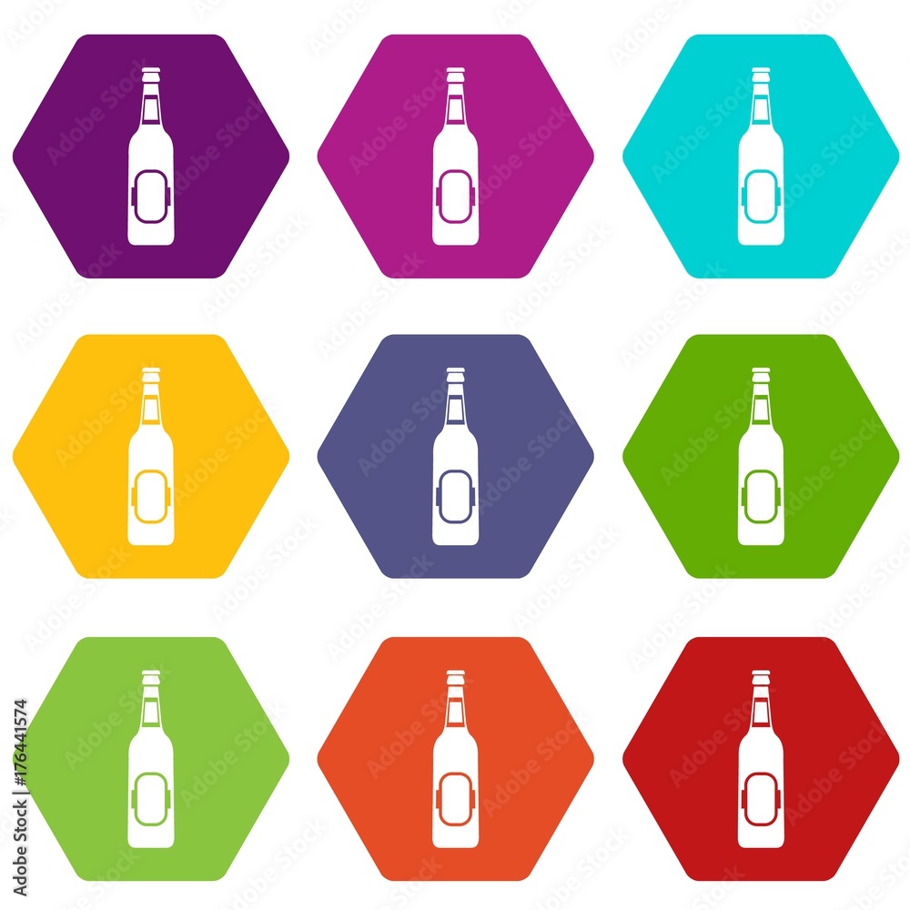 Bottle of beer icon set color hexahedron Bottle of beer icon set color hexahedron