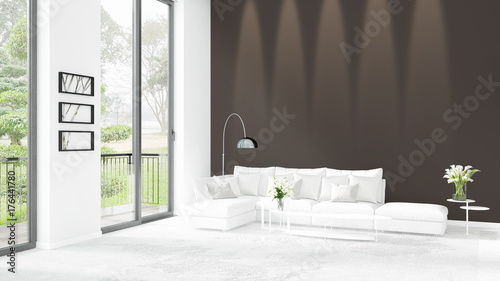 Brand new white loft bedroom minimal style interior design with copyspace wall and view out of window. 3D Rendering.