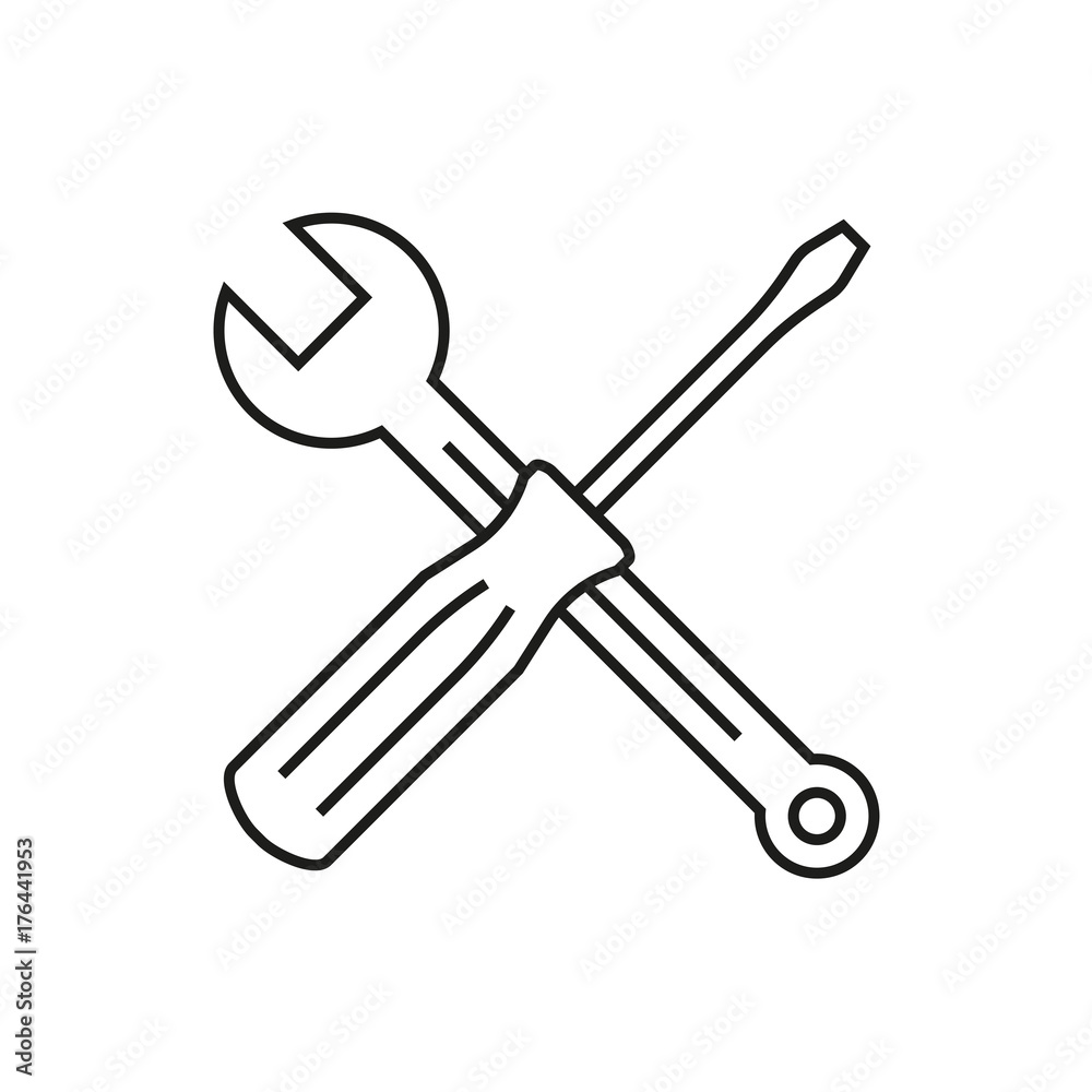 Wrench and screwdriver outline icon. Toolkit symbol. Vector illustration. Wrench and screwdriver outline icon. Toolkit symbol. Vector illustration.